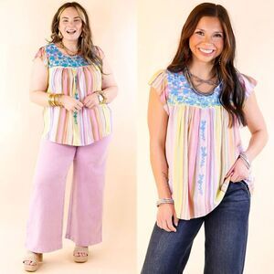 Savanna Jane Womens Multicolor Ruffle Floral Embroidery Flutter Sleeve Top‎ M